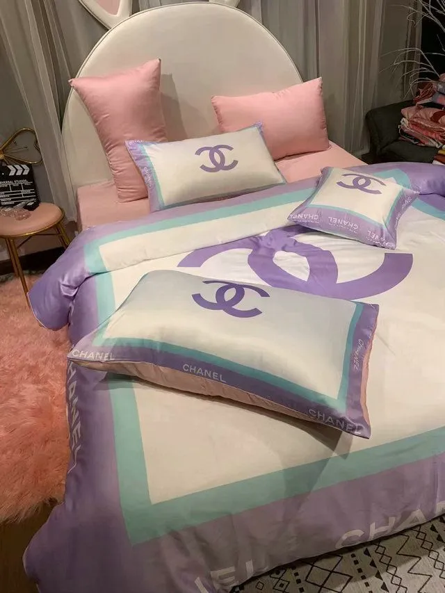 Chanel White Purple Logo Brand Bedding Set Home Decor Luxury Bedspread Bedroom