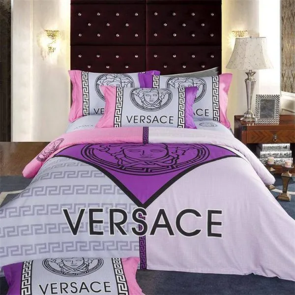 Versace Pink Purple Logo Brand Bedding Set Home Decor Bedroom Bedspread Luxury