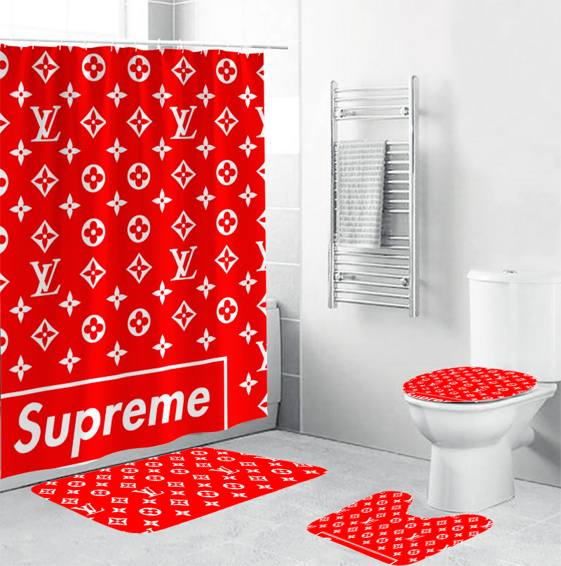 Louis Vuitton Supreme Red Bathroom Set Home Decor Luxury Fashion Brand Hypebeast Bath Mat