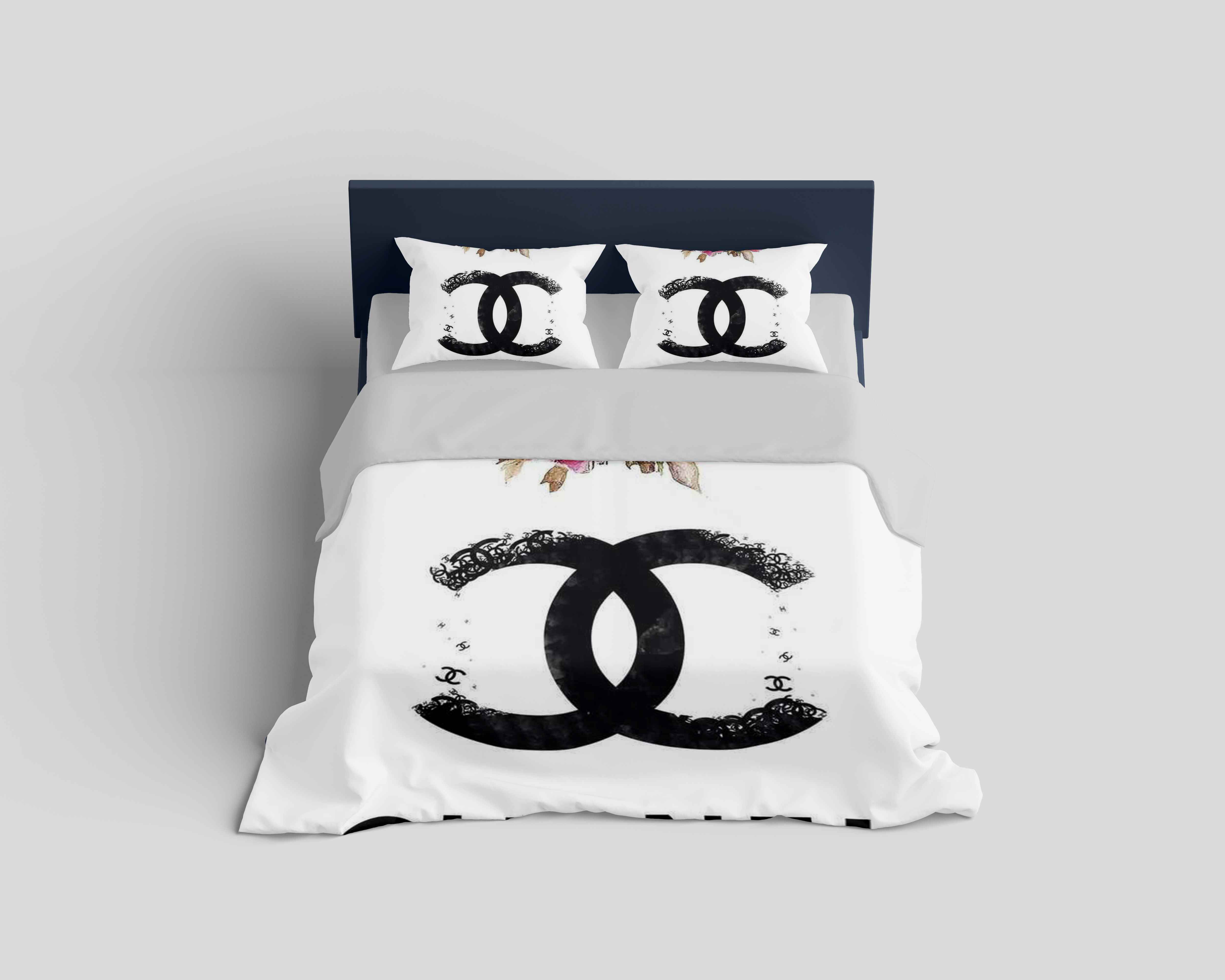 Chanel Flower White Logo Brand Bedding Set Bedroom Luxury Bedspread Home Decor