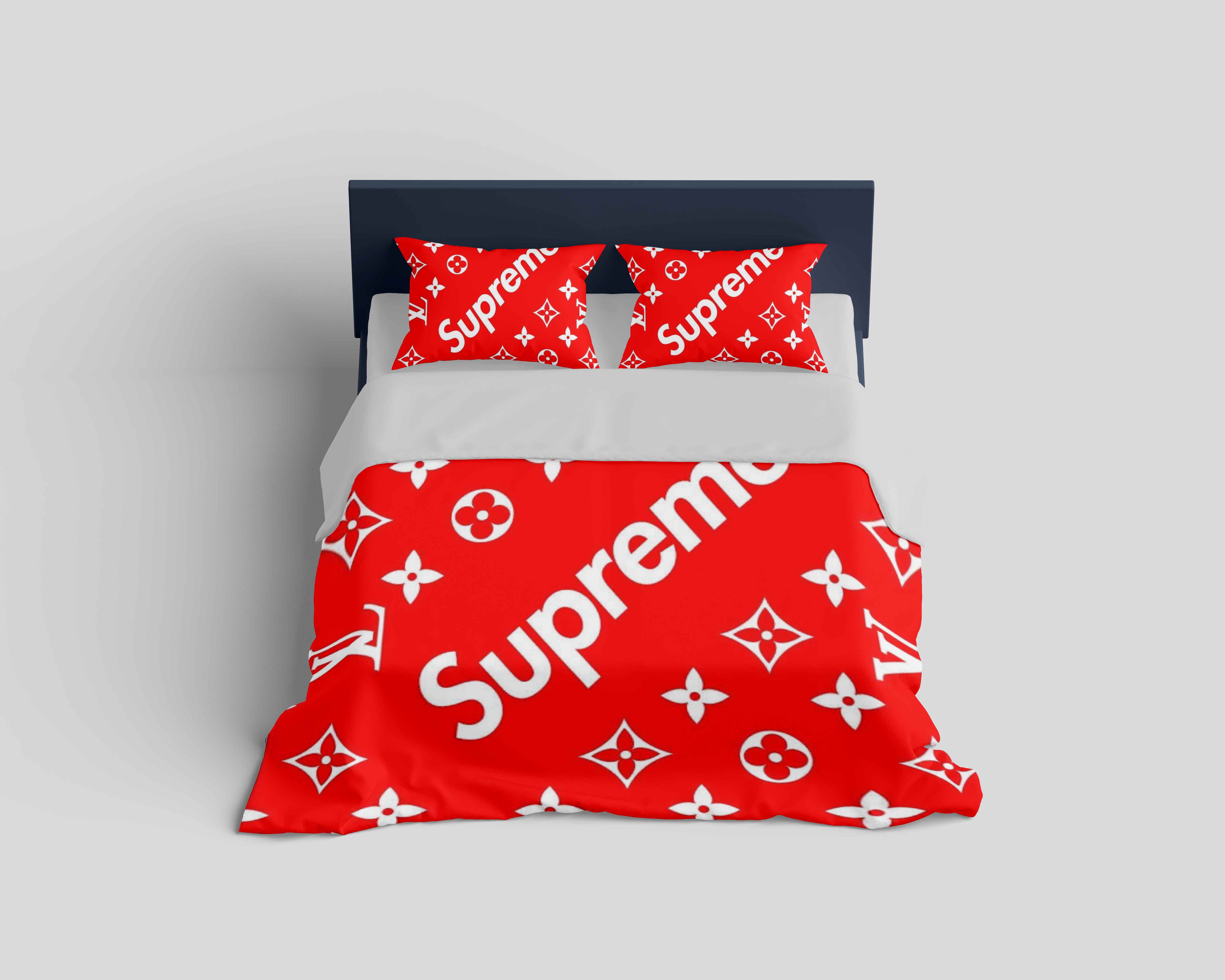 Louis Vuitton Supreme Red Logo Brand Bedding Set Home Decor Luxury Bedroom Bedspread