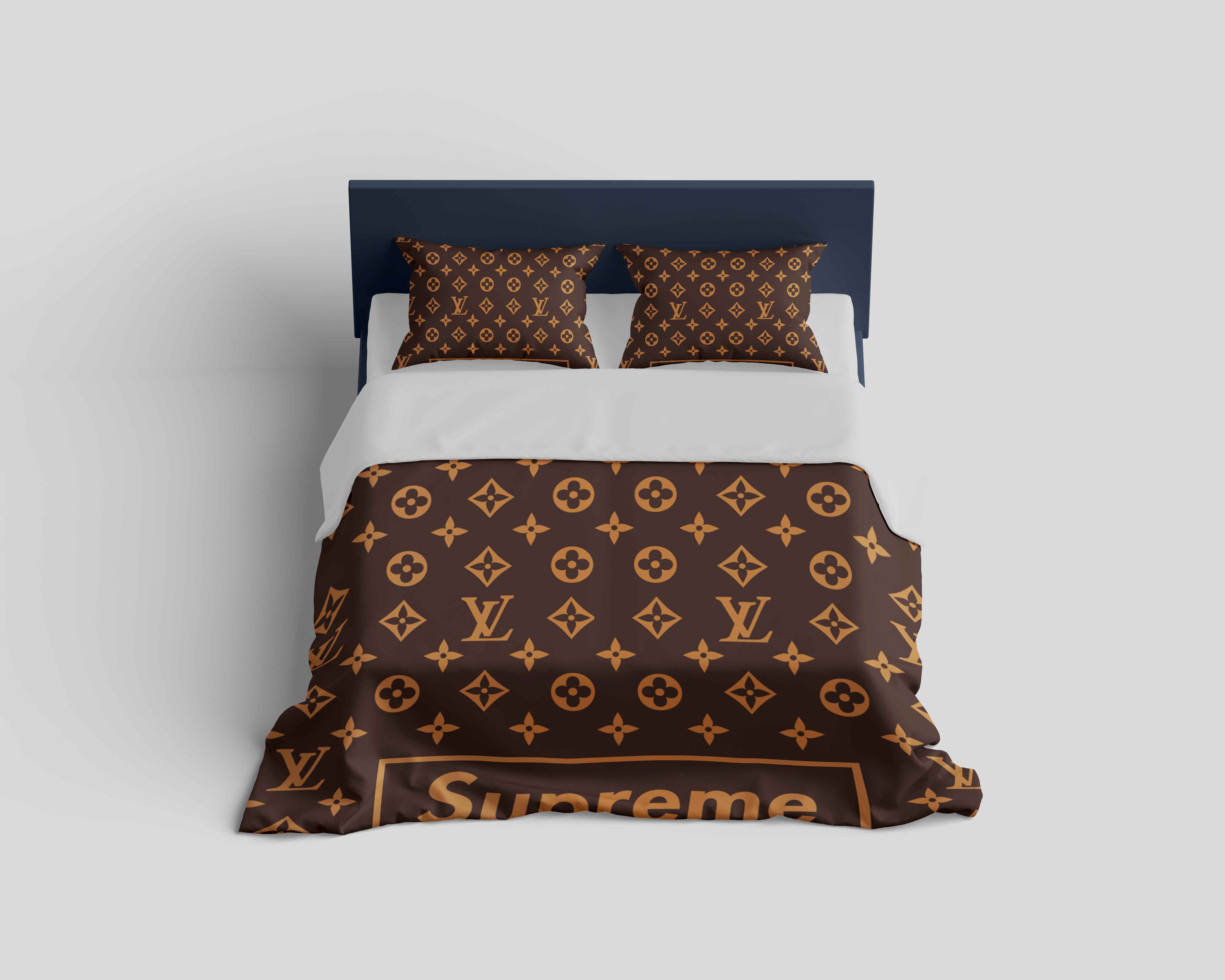 Louis Vuitton Supreme Brown Logo Brand Bedding Set Bedspread Bedroom Luxury Home Decor