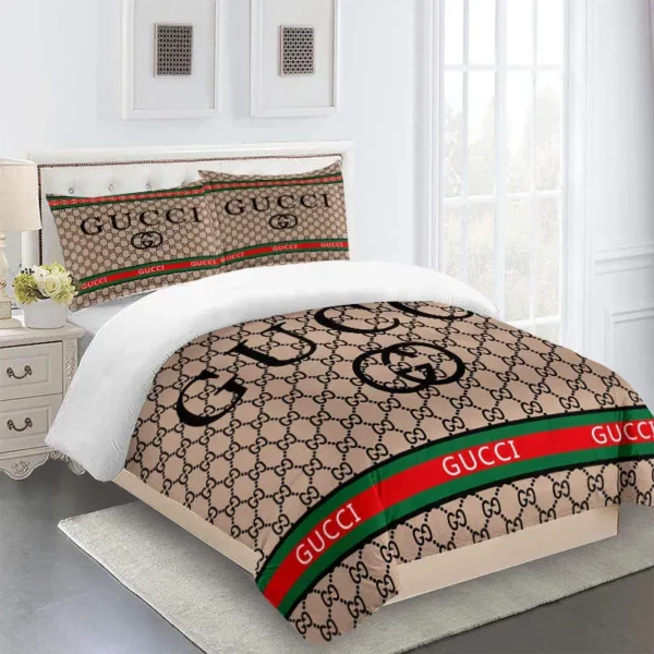 Gucci Beige Logo Brand Bedding Set Home Decor Luxury Bedroom Bedspread