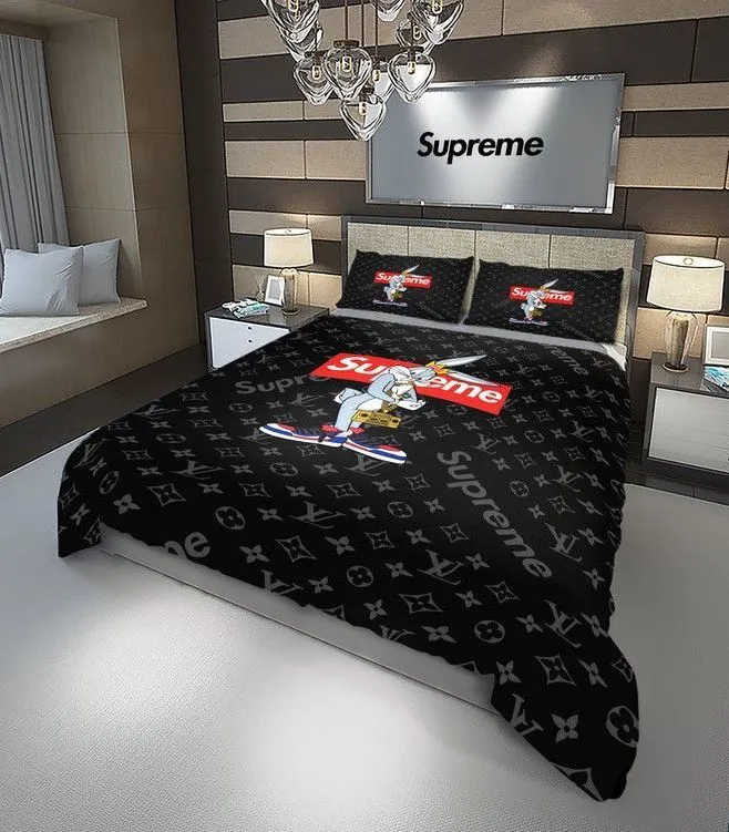 Louis Vuitton Supreme Bugs Bunny Logo Brand Bedding Set Bedroom Bedspread Home Decor Luxury