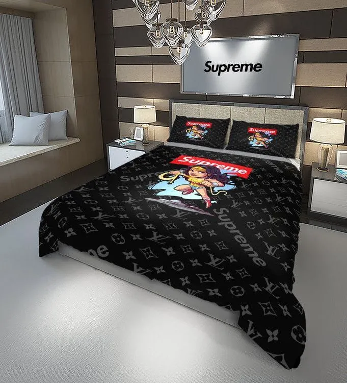 Louis Vuitton Supreme Wonder Woman Logo Brand Bedding Set Bedroom Bedspread Luxury Home Decor