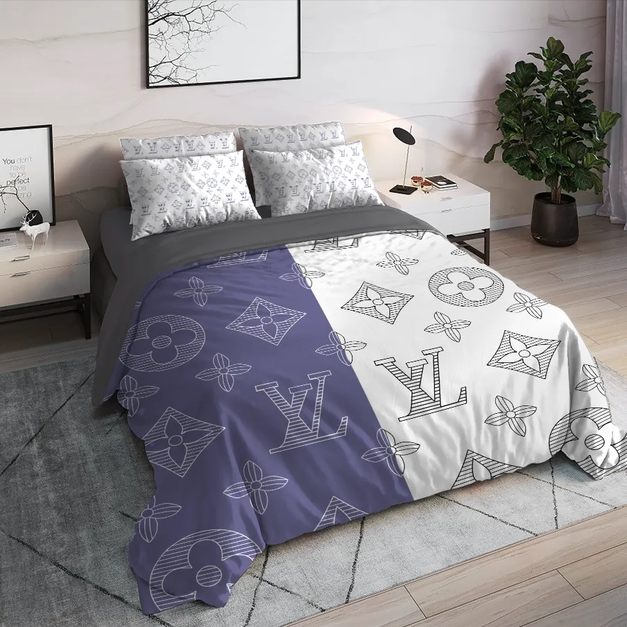 Louis Vuitton Blue White Logo Brand Bedding Set Bedroom Luxury Home Decor Bedspread