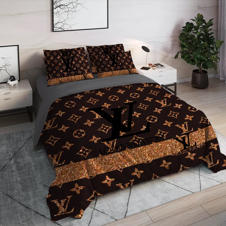 Louis Vuitton Brown Logo Brand Bedding Set Bedroom Luxury Bedspread Home Decor