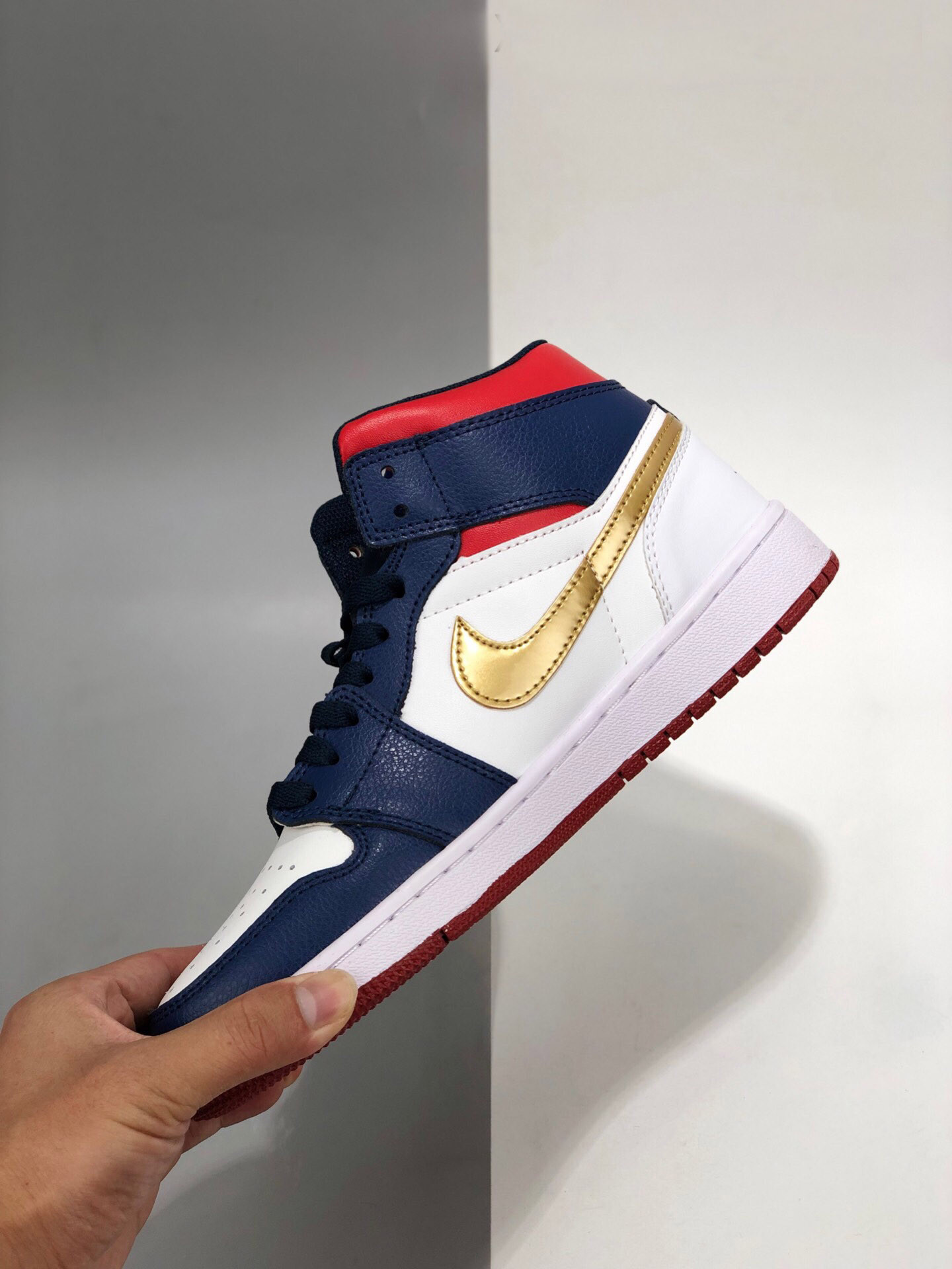 Air Jordan 1 Mid Olympic White Navy Gold For Sale