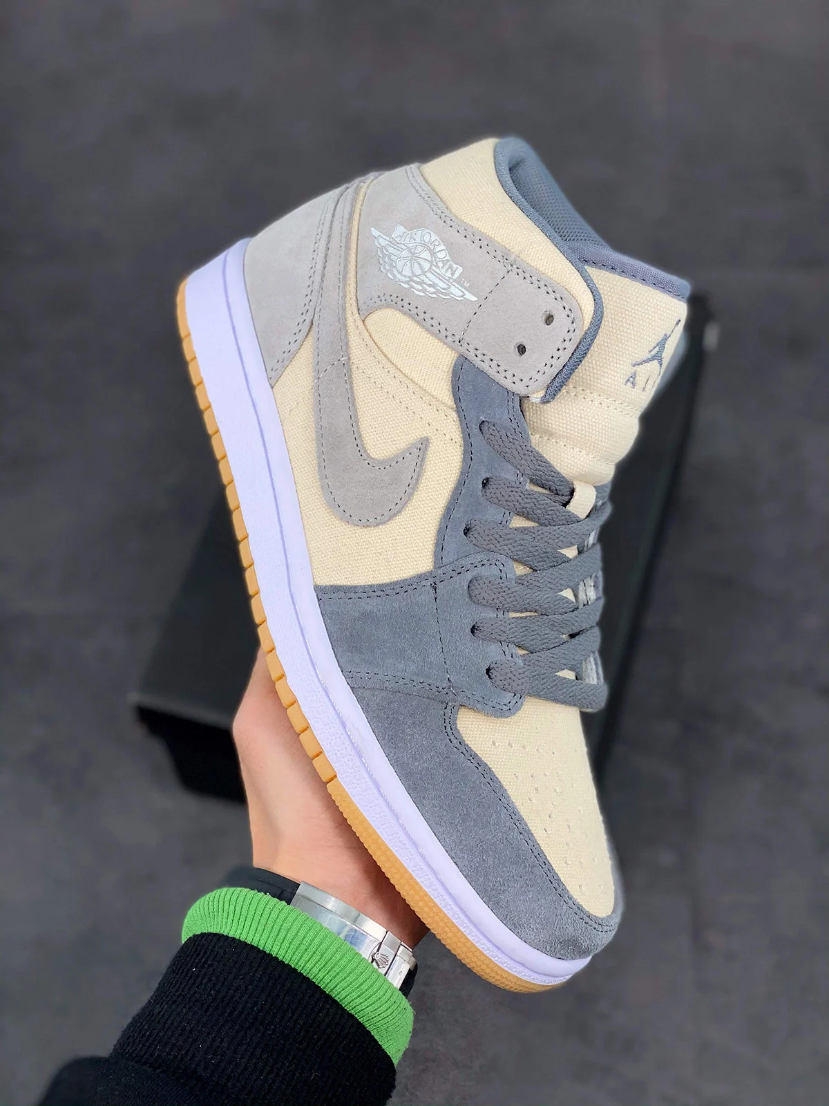 Air Jordan 1 Mid Cream Canvas and Grey Suede For Sale