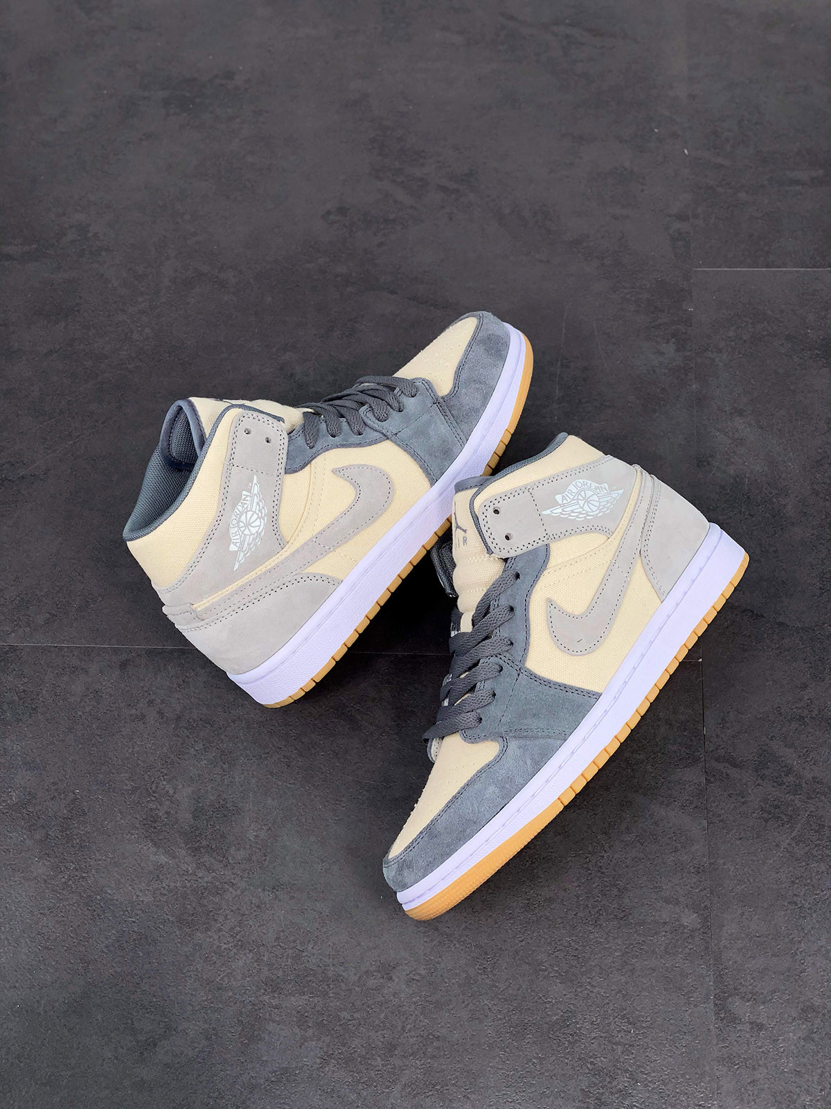 Air Jordan 1 Mid Cream Canvas and Grey Suede For Sale