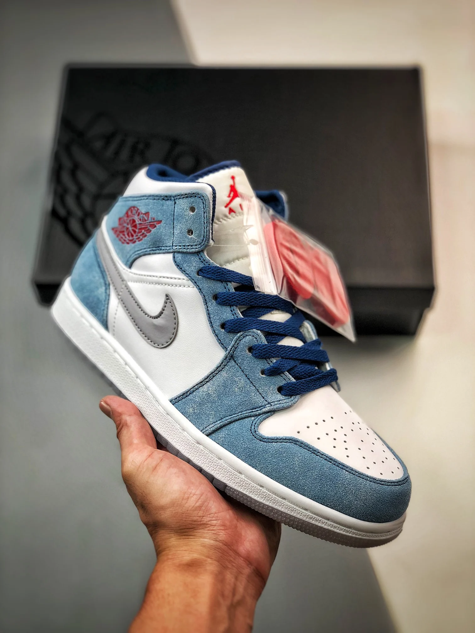 Air Jordan 1 Mid French Blue Fire Red-White-Light Steel Grey For Sale