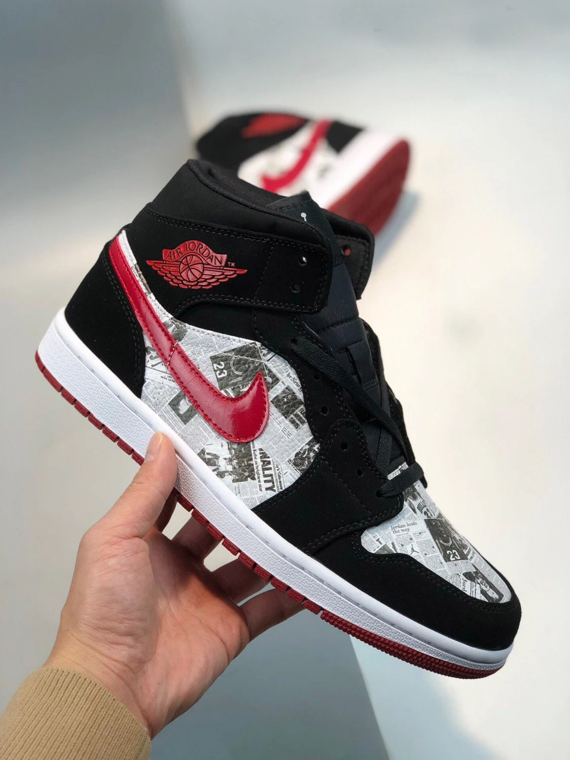 Air Jordan 1 Mid SE Newspaper Black Gym Red-White On Sale