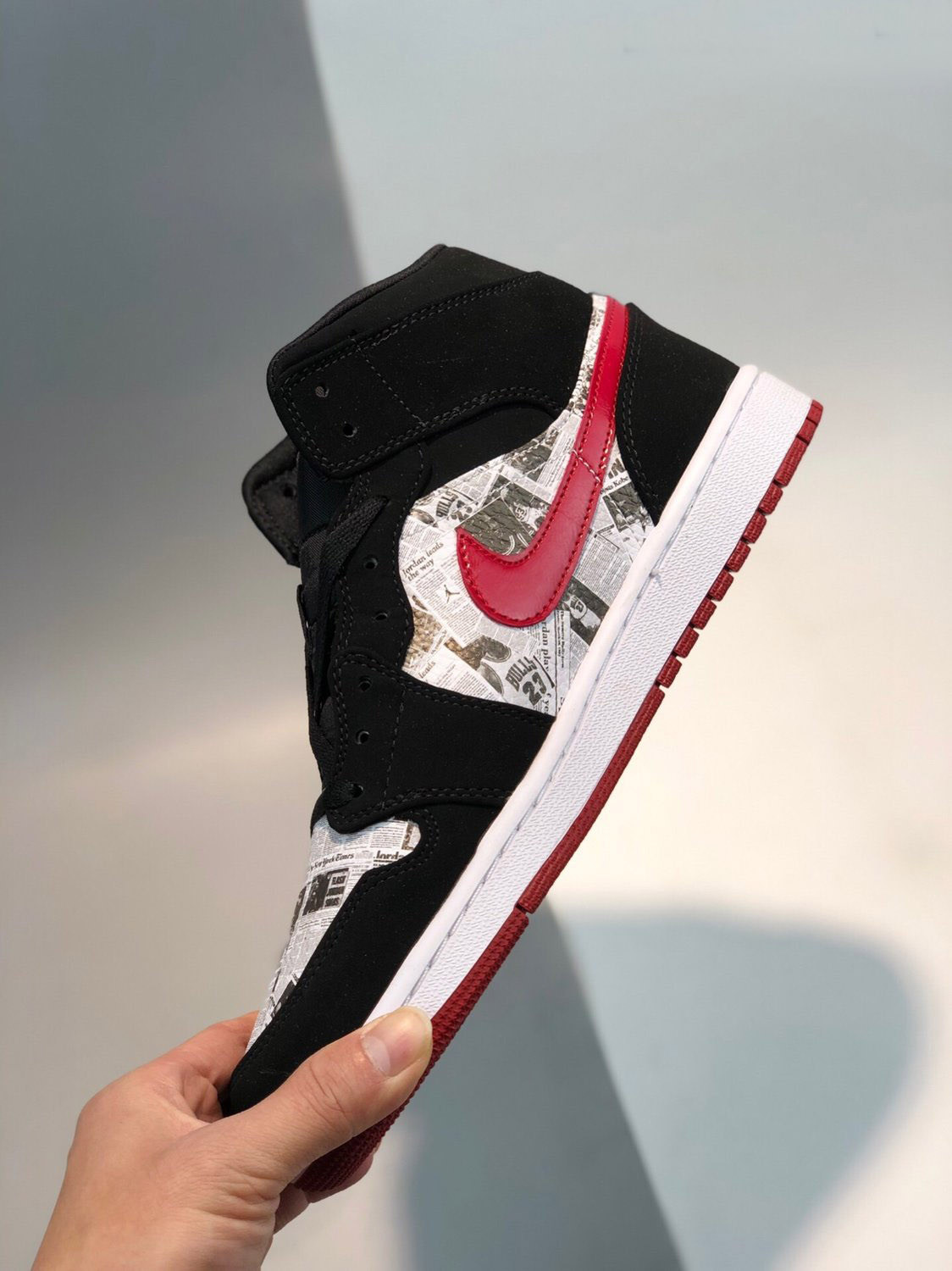 Air Jordan 1 Mid SE Newspaper Black Gym Red-White On Sale