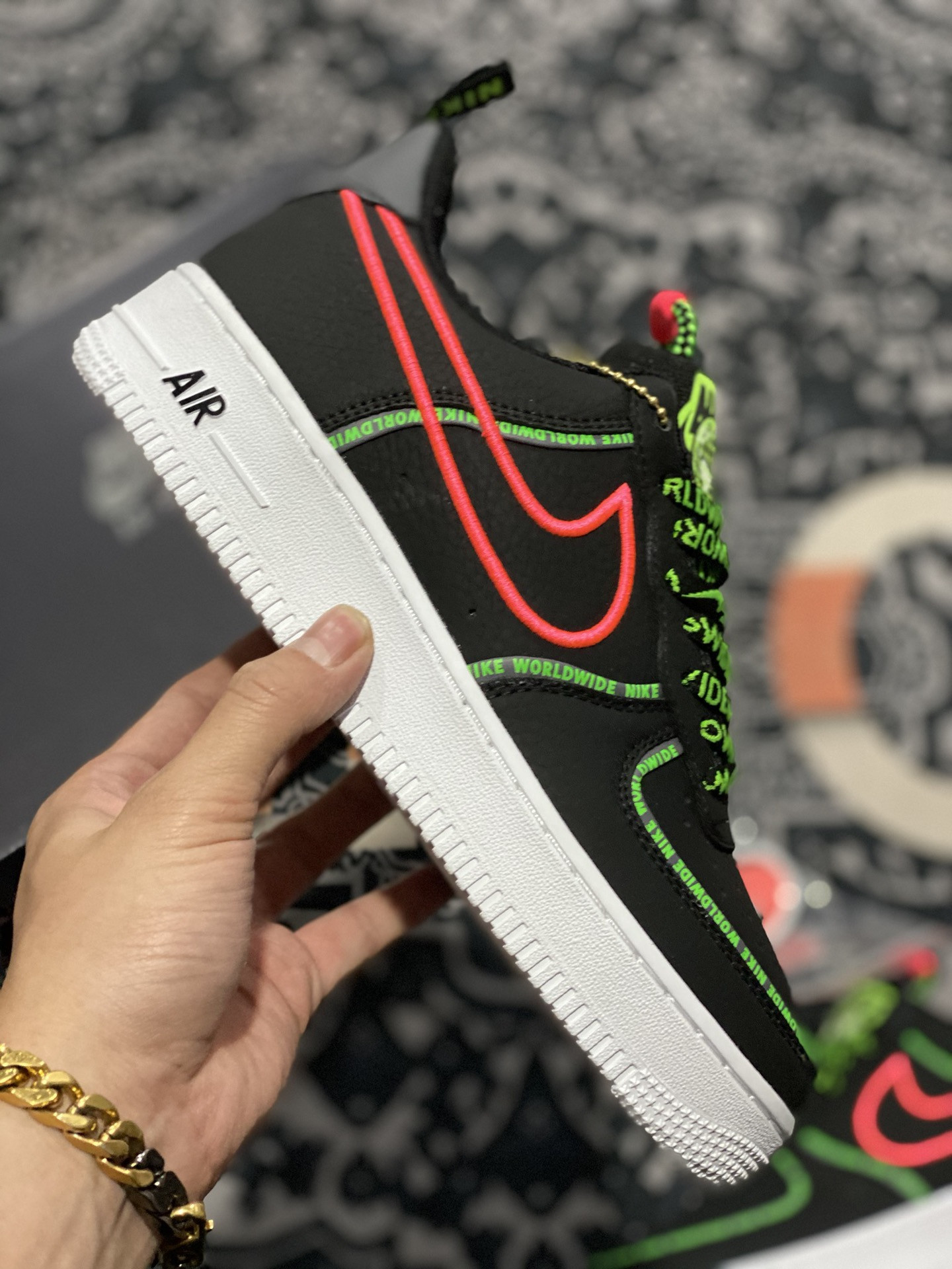 Nike Air Force 1 Worldwide Black Flash Crimson-Green For Sale