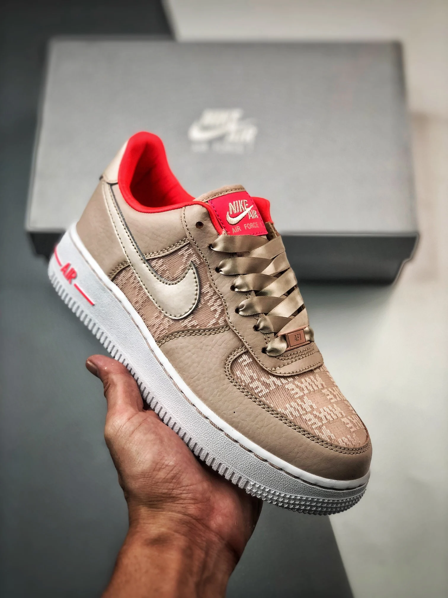 Nike Air Force 1 Low Fossil Stone Laser Crimson White DQ7782-200 For Sale