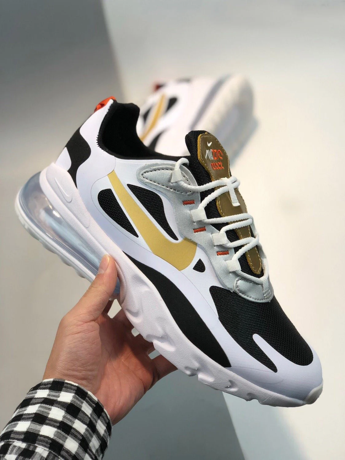 Nike Air Max 270 React Black White-Metallic Gold For Sale