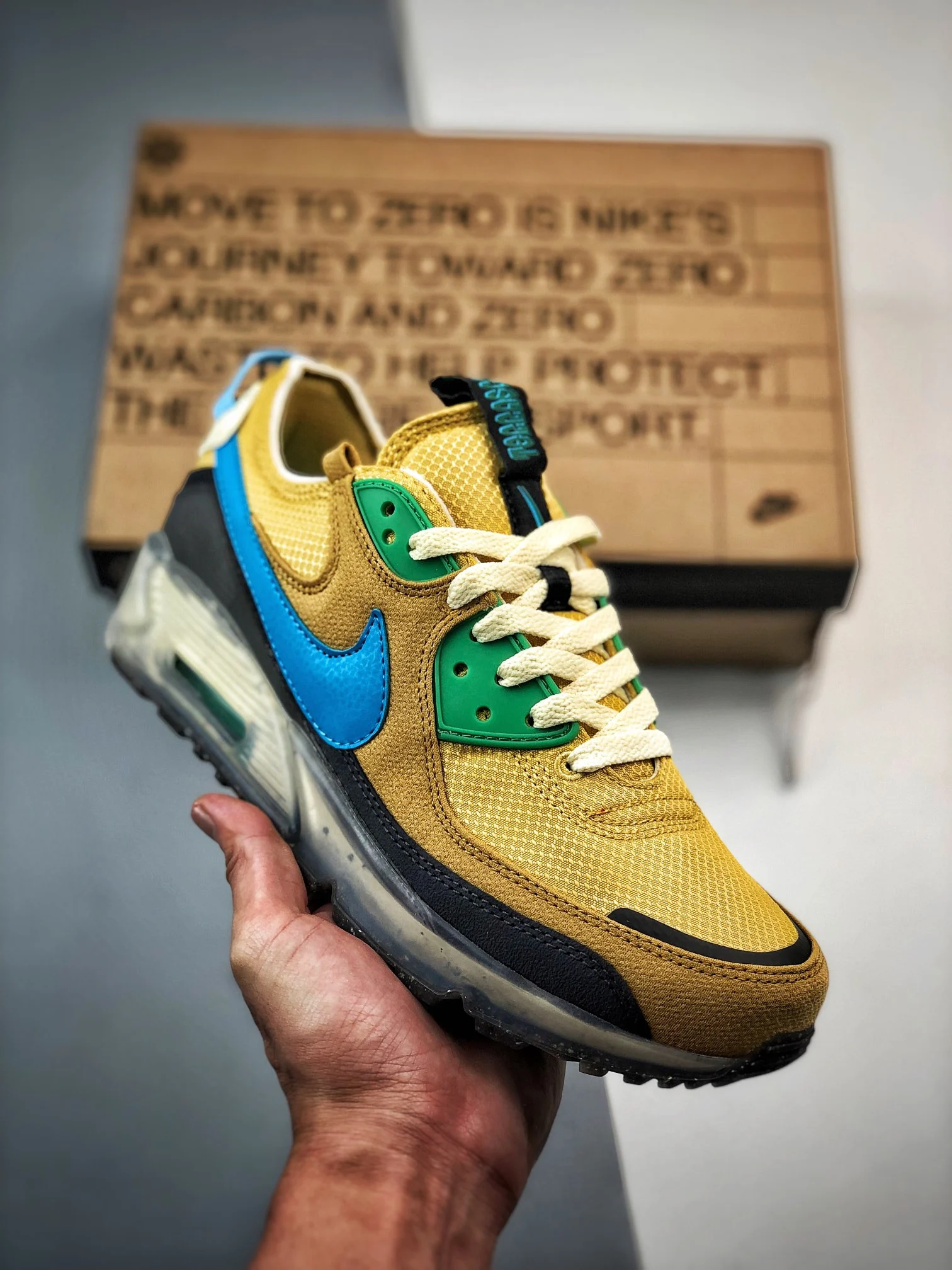 Nike Air Max 90 Terrascape Wheat Gold Blue Lightning DQ3987-700 For Sale