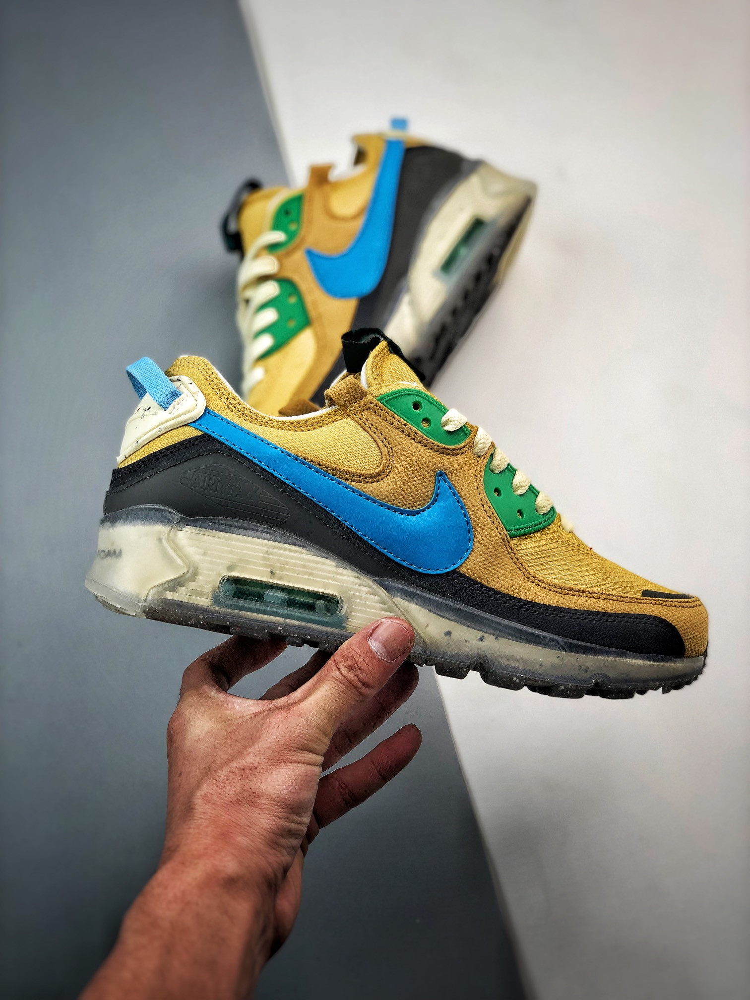 Nike Air Max 90 Terrascape Wheat Gold Blue Lightning DQ3987-700 For Sale