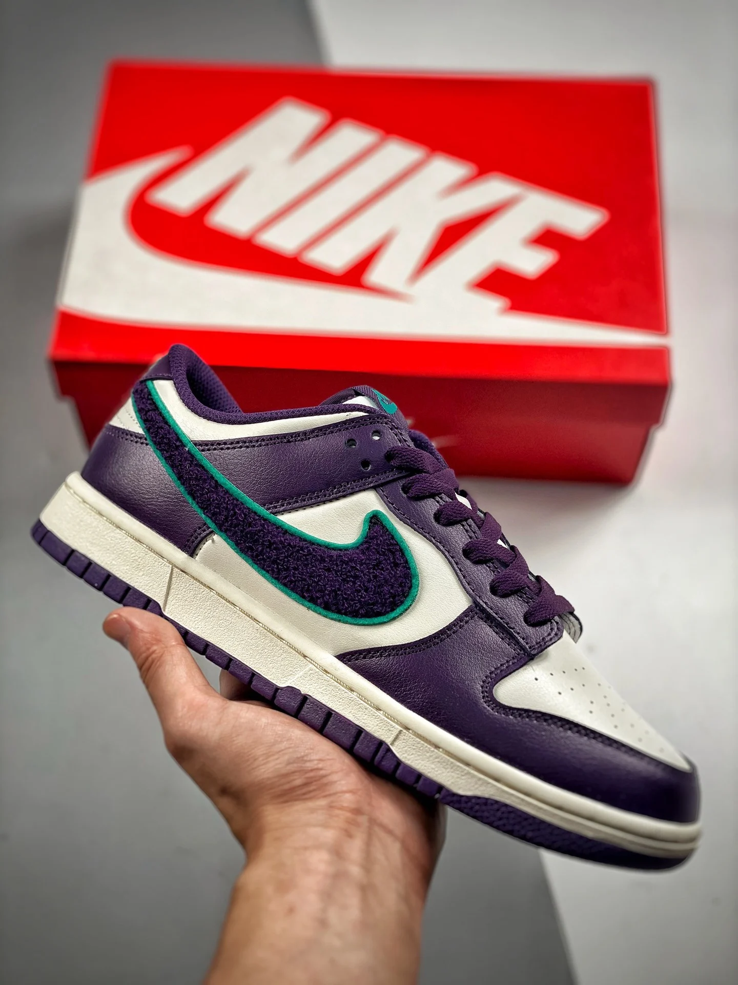 Nike Dunk Low Chenille Swoosh Sail Grand Purple-Green DQ7683-100 For Sale