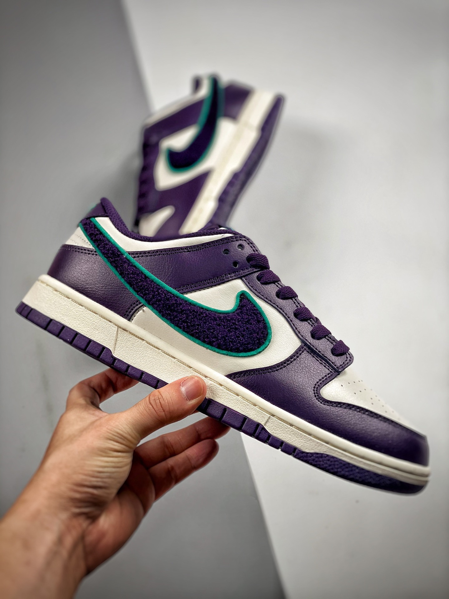 Nike Dunk Low Chenille Swoosh Sail Grand Purple-Green DQ7683-100 For Sale