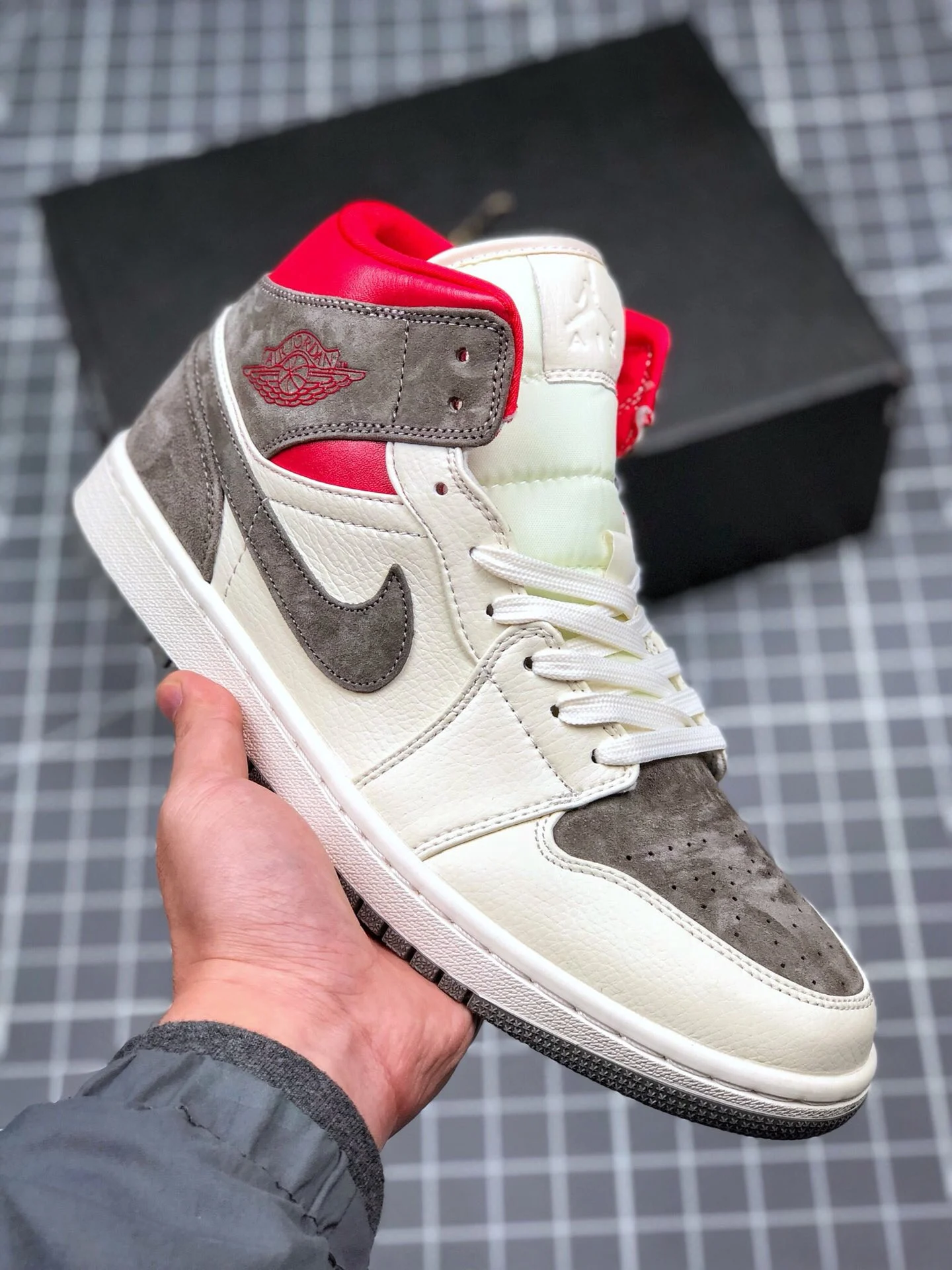 SNS x Air Jordan 1 Mid 20th Anniversary Sail Wolf Grey-Gym Red-White For Sale