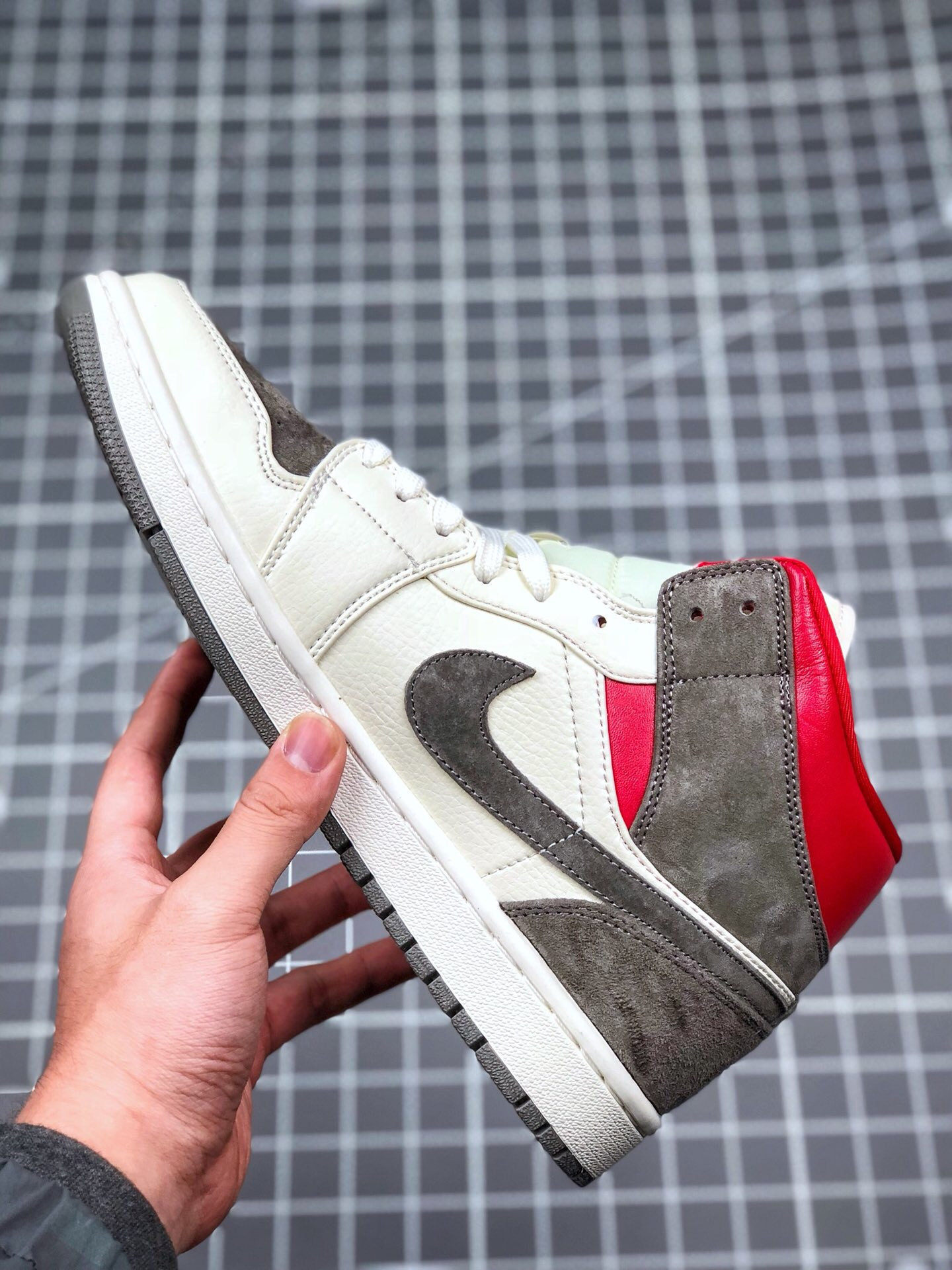 SNS x Air Jordan 1 Mid 20th Anniversary Sail Wolf Grey-Gym Red-White For Sale