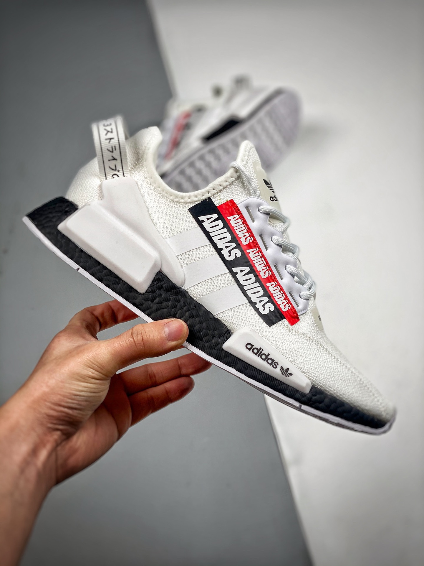 Adidas NMD R1 V2 Overbranded White Black Scarlet H02537 For Sale